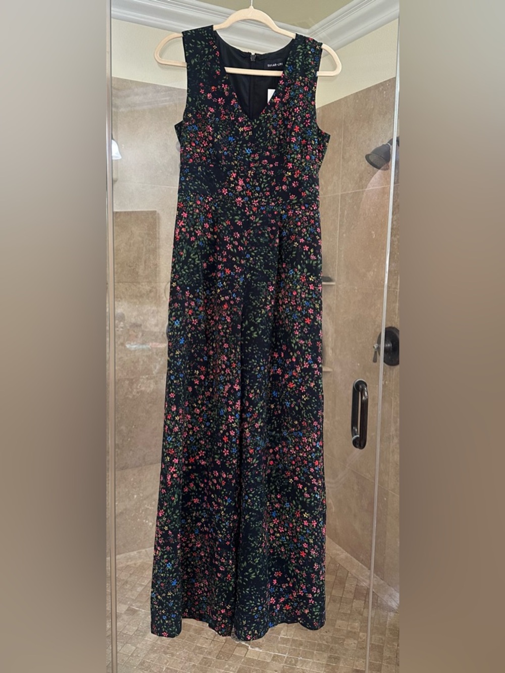 Sugarlips Black Sleeveless Floral Jumpsuit with Pink, Blue & Green Print